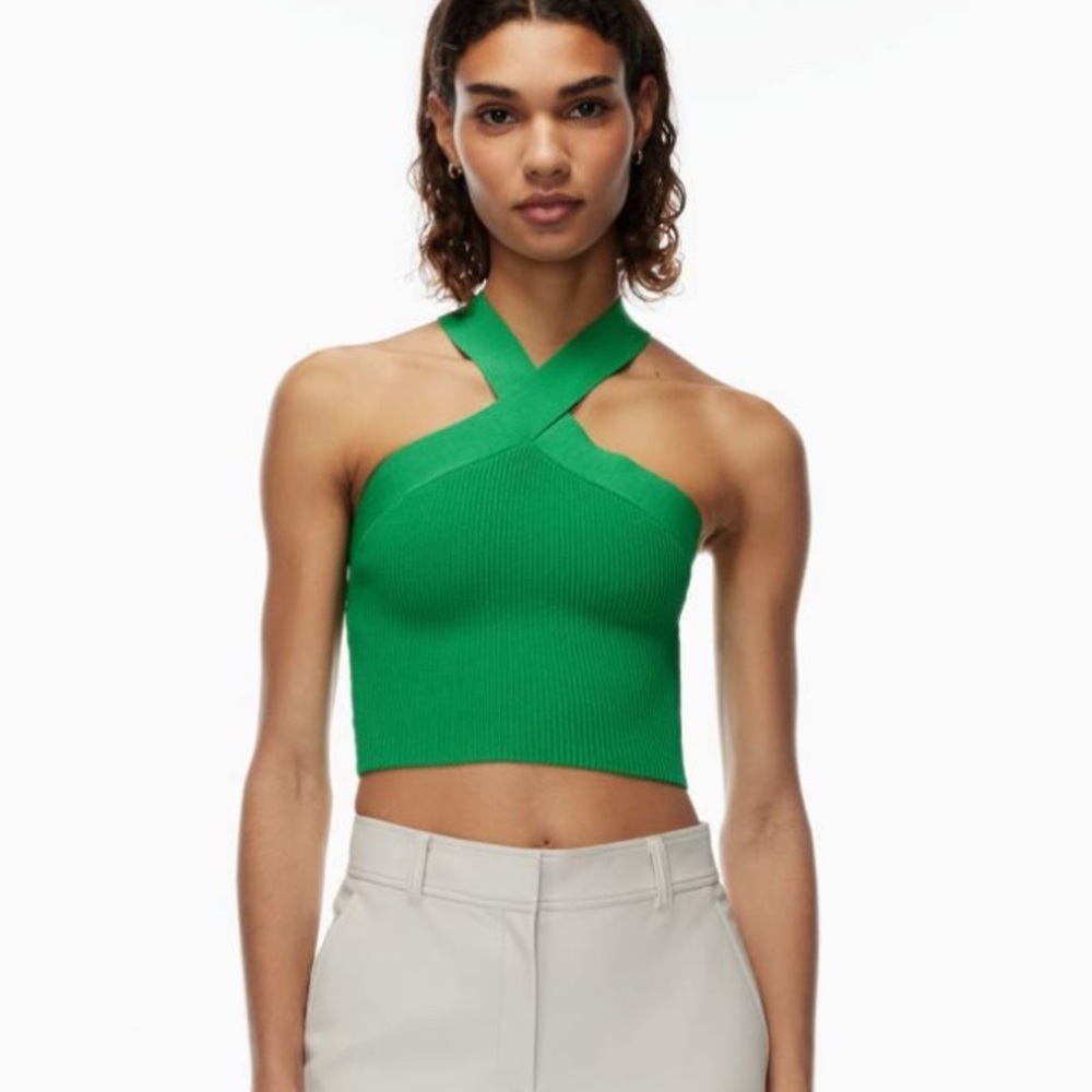 Aritzia Babaton Sculpt Knit Criss Cross Cropped Tank Gloss Green